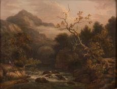 Circle of Richard Wilson [18th Century]- 
Fisherman at a pool in a rocky river valley:-
oil on