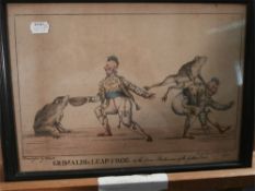 Two coloured etchings, The Devonshire Minuet and Grimaldi's leapfrog:.