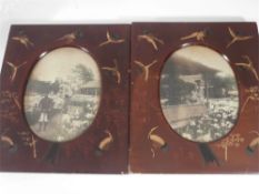 JAPANESE PHOTOGRAPHS : a pair oval mounted in red lacquer and gilt decorated frame [ 39 x 32 cms ].
