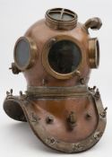 A French no-bolt diving helmet converted to a 14-bolt helmet:, circular windows,