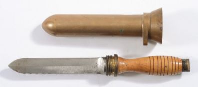 An American diver's knife by Desco:, the double edged blade with one serrated edge,