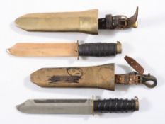 Two Russian diver's knives:, one non-magnetic version with bronze blade and scabbard,