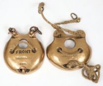 A set of polished brass chest weights by Siebe Gorman & Co Ltd, London:, copper and brass hangers,