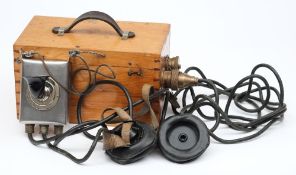 A Swedish single diver telephone:, the pine case with brass capped connectors to one end ,