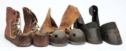 A pair of Chinese lead and iron diving boots, together with two pairs of homemade diving boots:,