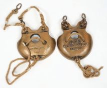 A set of brass chest weights by Siebe Gorman & Co Ltd, London:, copper and brass hangers,