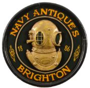 Two hand carved and painted diving helmet advertising boards:, .