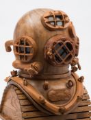 A handmade full size wooden replica of an A Schrader's Son Mark V Navy diving helmet:,