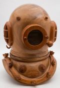A full size carved wooden replica of a 12-bolt diving helmet after Siebe Gorman & Co by Seahorse