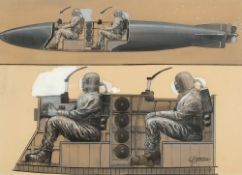 * George Horace Davis [1881-1963]- Two charioteers in an open submersible or 'Human Torepedo':- pen