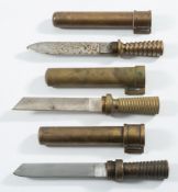 Three German brass and steel diver's knives:, two with single straight edge blades,