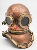 A Chilean 12-bolt diving helmet:, unsigned, triple circular windows, side outlet with head button ,