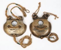 A set of brass chest weights by Siebe Gorman & Co Ltd, London:, copper and brass hangers,