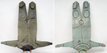 Two Russian 3-bolt diving suits:, one having mittens incorporated into the sleeve ends,