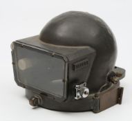 A Desco free flow diving helmet:, number '605', the spun copper shell over painted black,