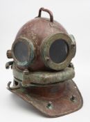 A Russian 3-bolt helium re breather diving helmet and equipment:, the bonnet with handle to top,