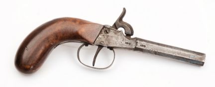 A boxlock percussion cap pistol:, the 3 inch octagonal barrel with proof marks,