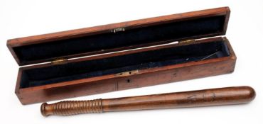 A Victorian teak truncheon by Field, Holborn in an associated mahogany box:,