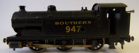Bassett-Lowke, an O gauge 0-6-0 clockwork tank locomotive No 947: in Southern black livery.