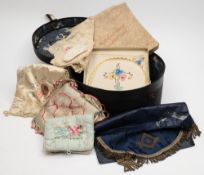 A stitched leather suitcase,: a leatherette hat box,