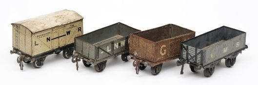 Bing and others, three gauge 1 open wagons: and LNWR Refrigerator Van.