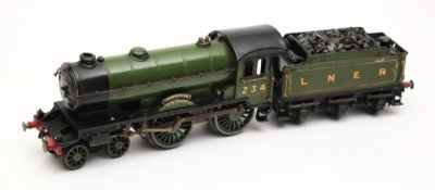 Hornby, a 4-4-0 clockwork locomotive No 234 'Yorkshire',with six wheel tender in LNER green livery:.