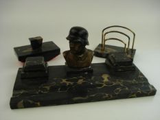 A WWII marble three piece desk set:,