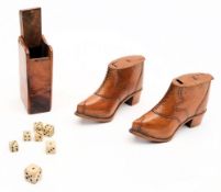 Two Boer War St Helena POW treen shoes, and a treen dice box:,
