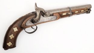 A 19th Century Indian percussion cap pistol:, with 22cm octagonal barrel, steel lock,