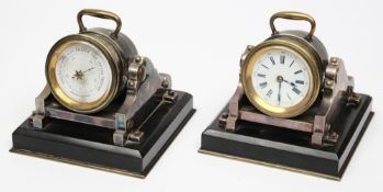 A late 19th /early 20th century silver plated clock and barometer desk set in the form of mortars:,