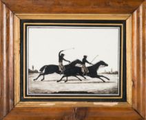A Victorian equestrian silhouette on glass 'Matilda beating Mameluke 1827 St Ledger':,