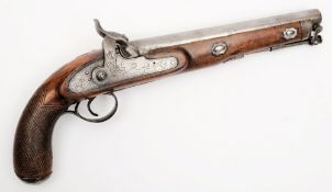 A 19th century percussion pistol: 23cm steel barrel, fully stocked with hinged ram rod,