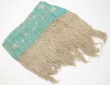 A 1920's pale green embroidered shawl with crochet border:, 164cm square.