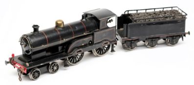 Bing a gauge 1 4-4-0 clockwork locomotive with six wheel tender: in black livery with red lining.