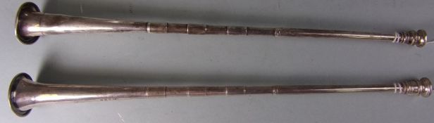 A pair of George V silver hunting horns, maker E.B, Birmingham:, 1910/11, 30cm.