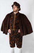A handmade theatrical costume- men's two piece brown velvet doublet and hose:,