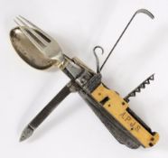 A travelling multiple purpose combination set: includes detachable fork and spoon, saw, corkscrew,