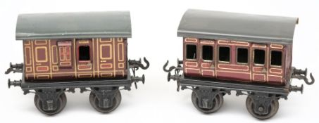 Bing, a gauge 1 all 3rd class four-wheel passenger coach: together with a luggage/guards wagon.