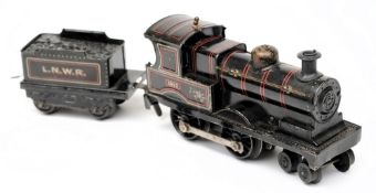 Bing, a 4-4-0 clockwork locomotive No 1942 and four wheel tender: in LNWR black livery.