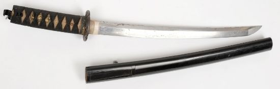 A Japanese Tanto in black lacquer saya:, the 16inch unsigned blade with hamon,