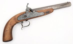 A percussion pistol:, with hexagonal 23cm steel barrel, all steel metalwork and plain wooden stock.