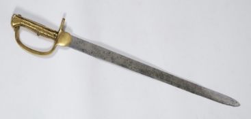 A Baker rifle bayonet: with 58cm. steel blade, ribbed brass grip and knuckle guard.