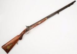 A percussion cap sporting gun:, unsigned, the 32 inch barrel with ram rob beneath,