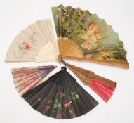 A bone and silk fan together with a LNER advertising fan and three other fans:, (some damage).