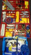 Meccano: an extensive collection of parts including base plates, spans, spars, wheels, gears, rods,
