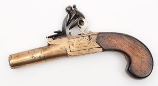A late 18th/early 19th Century flintlock muff pistol:, with turn off 3.