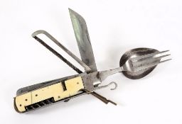 A travelling multiple purpose combination set: includes detachable fork and spoon, saw, corkscrew,