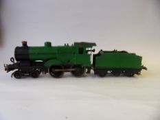 An O gauge 4-4-0 clockwork locomotive and six wheel tender: repainted.