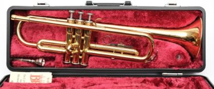 A Yamaha trumpet in fitted case:, numbered 'YTR1335' and '437150' to second valve,