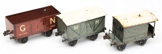 Marklin, a gauge 1 MR guards van M.7805: a GN open wagon No 2881 and a MR cattle wagon No 7802. (3).